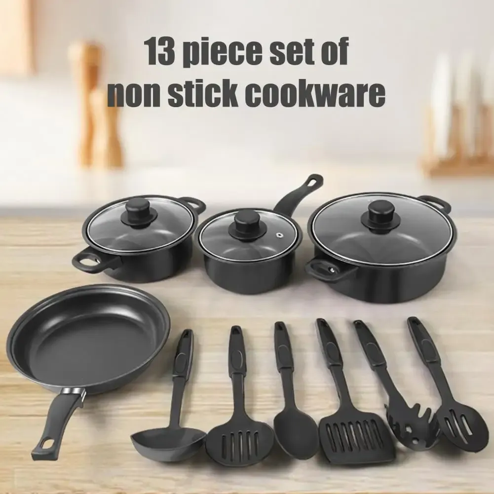 13-piece Cooking Set 13-piece Non-stick Cookware Set with Food-grade Iron Pots Anti-scald Handles Glass Lids Capacity for Home