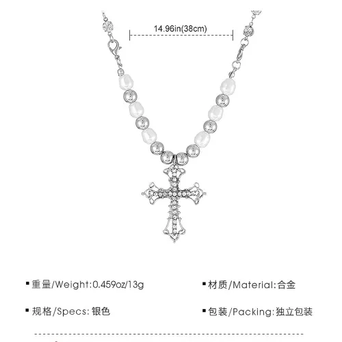 Hollowed-out Cross Zircon Pendant Imitation Pearl Beaded Necklace for Women Trend Charm Jewelry Accessories