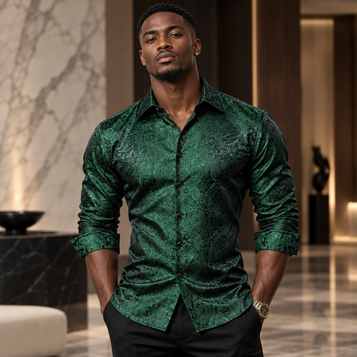 Men's Paisley Dress Shirt Long Sleeve Wrinkle Free Button Down Cowboy Shirts Casual Formal Regular Fit Black Menswear Business Work Basic Men Tops