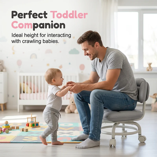 Rolling Low Stool with Backrest – Silent Casters, Soft Padding & Easy Mobility