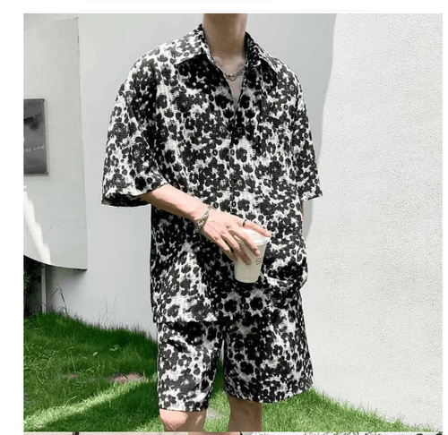 Summer Trendy Thin Leopard Print Short-sleeved Shirt Shorts Suit Men's Fashionable Casual Versatile Two-piece Set