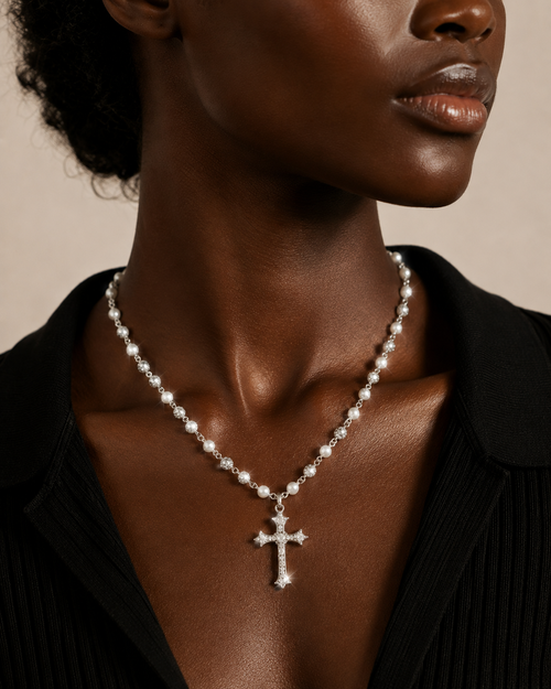 Silver-tone pearl and rhinestone cross pendant necklace (unisex)
