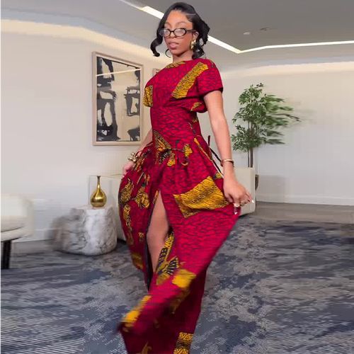 Printed, slit, red, fitted-waist, A-line maxi dress