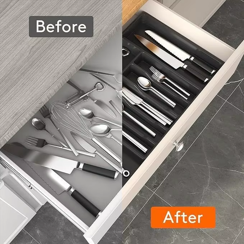 Multi Compartment Expandable Kitchen Drawer Organizer Plastic Cutlery Tray Silverware Utensil Storage Divider for Flatware