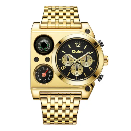 OULM Army Military Watch compass Temperature Display Movement Three Time Clock Big Dial Quartz Men WristWatch relogio masculino