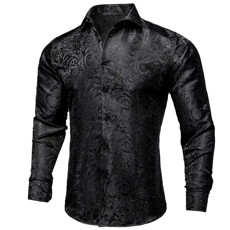 Luxury Purple Paisley Polyester Shirts for Men Long Sleeve Wedding Prom Men Clothing Button Down Collar Social Dress Shirt