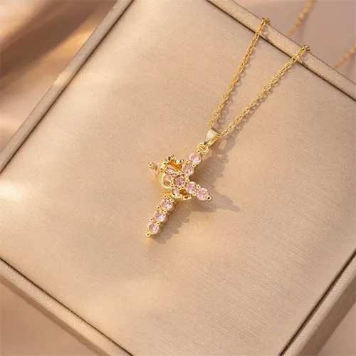 Luxury Cubic Zirconia Cross Necklace for Women Gold Color Crystal Pendant Choker Promise Jewelry Bling Accessories Party Gift
