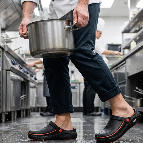 Waterproof and oil-resistant safety shoes with cushioned soles.