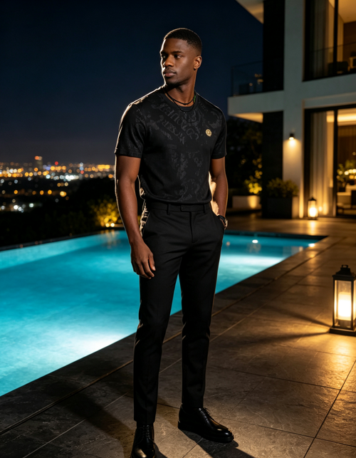 Luxury Men Black Jacquard T‑Shirt with Gold Tiger Emblem
