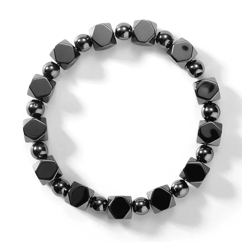 Natural Faceted Hematite Black Obsidian Beaded Bracelet Unisex Men Women Gemstone Bangle Daily Wear Anniversary Wedding Positive