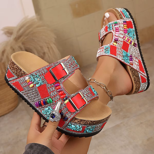 Women's Rhinestone Double Buckle Thick Sole Sandals – Fashionable Summer Shoes