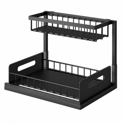 2-Tier Sliding Under Sink Organizer, Rustproof Metal Storage Rack for Kitchen & Bathroom Cabinet