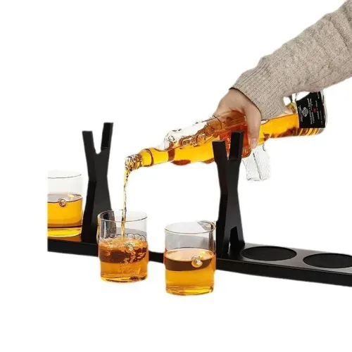 Handblown Borosilicate Gun Shaped Glass Whiskey Decanter Set with Wooden Tray