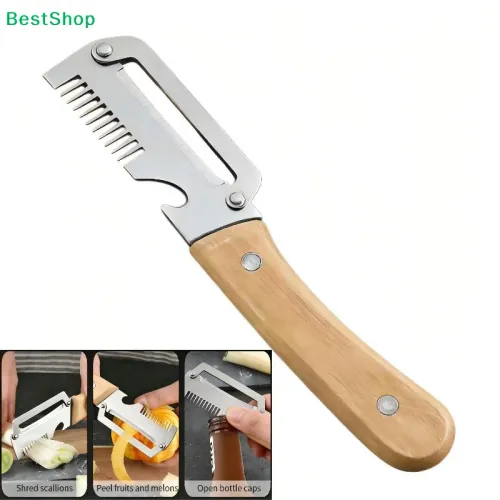 Multifunctional Stainless Steel Peeler with Wooden Handle,3-in-1 Scallion Shredder Fruit Peeler Bottle Opener for Kitchen