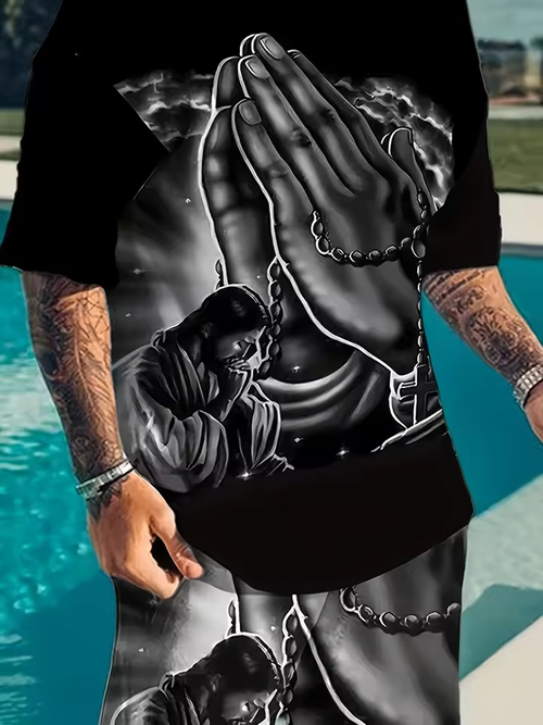 Summer 2026 new men's casual set, street fashion and comfortable T-shirt, 3D digital print pattern, outdoor sports running short（1 set）