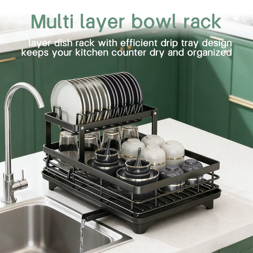 2-Layer Dish Drain Rack Is Suitable for Kitchen Countertop Metal Dish Drain Rack with Knife Cup Tableware Rack with Drain, Glass