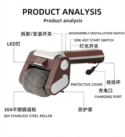 Electric Grill Brush Rechargeable with LED Light 304 Stainless Steel Replaceable Heads