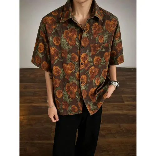 Men's Summer Ice Silk Printed Shirt, Lightweight Breathable Drape Short Sleeve, Vintage