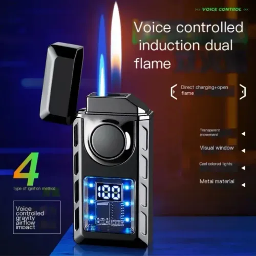 Voice-activated dual-flame refillable windproof lighter with intelligent sensor ignition