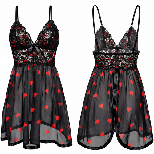 Heart Lace Nightgown Strap Deep V Neck Sheer Mesh Bow Romantic Sleepwear Transparent Dress For Women Pure Desire Charming