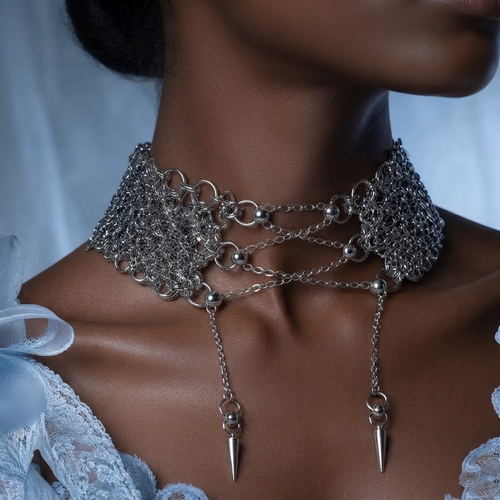 Punk Style Heavy Industry Chain Ring Rivet Necklace Exaggerated Design for Both Men and Women
