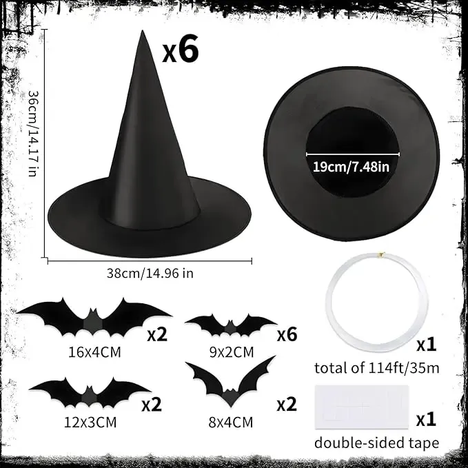 6 PCS Halloween Black Witch Hats Decoration Hanging Witch Wizard Hats Bulk with 3D Bats Wall Stickers for Halloween Party Costume Accessory Indoor Outdoor Yard Porch Decor Magical Ornaments