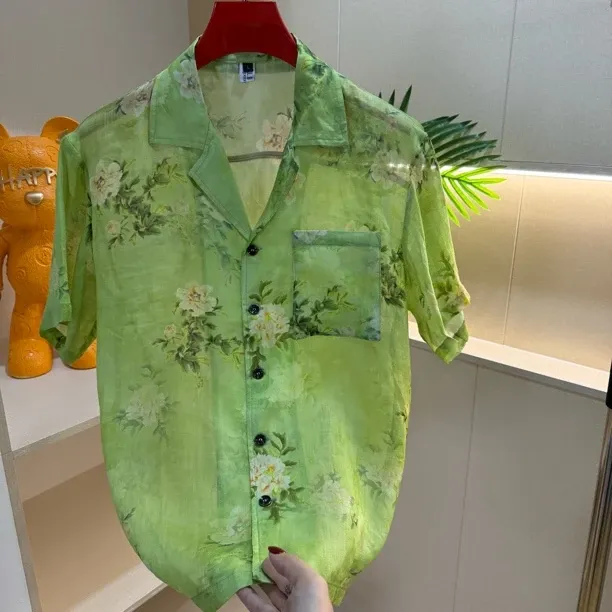 Green printed ramie Cuban-collar shirt