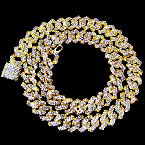 20 inch Gold Color Cuban Link Chain for  Men 2 Row Rhinestone Rhombus Prong Cuban Necklaces Hip Hop Jewelry