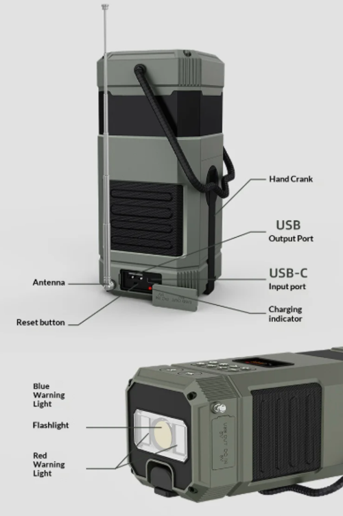 Hand-Powered Camping Emergency Waterproof for Speaker Radio Built-in Digital Display 5000mA Battery 10-30W Output
