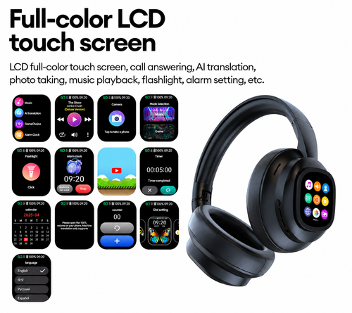 AI Wireless Bluetooth Hi-Fi Headphones with LCD Touchscreen and Deep Bass