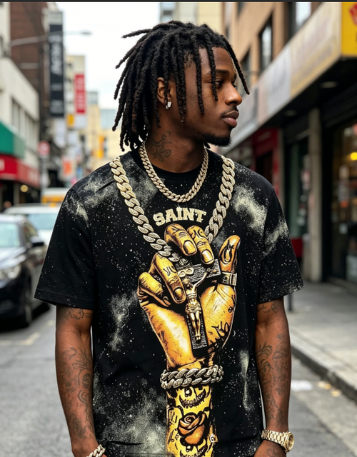 Vintage Saint Golden Tattoo Hand Cross Graphic Tee, Black Splatter Background  Religious Streetwear Oversized T-Shirt For Men