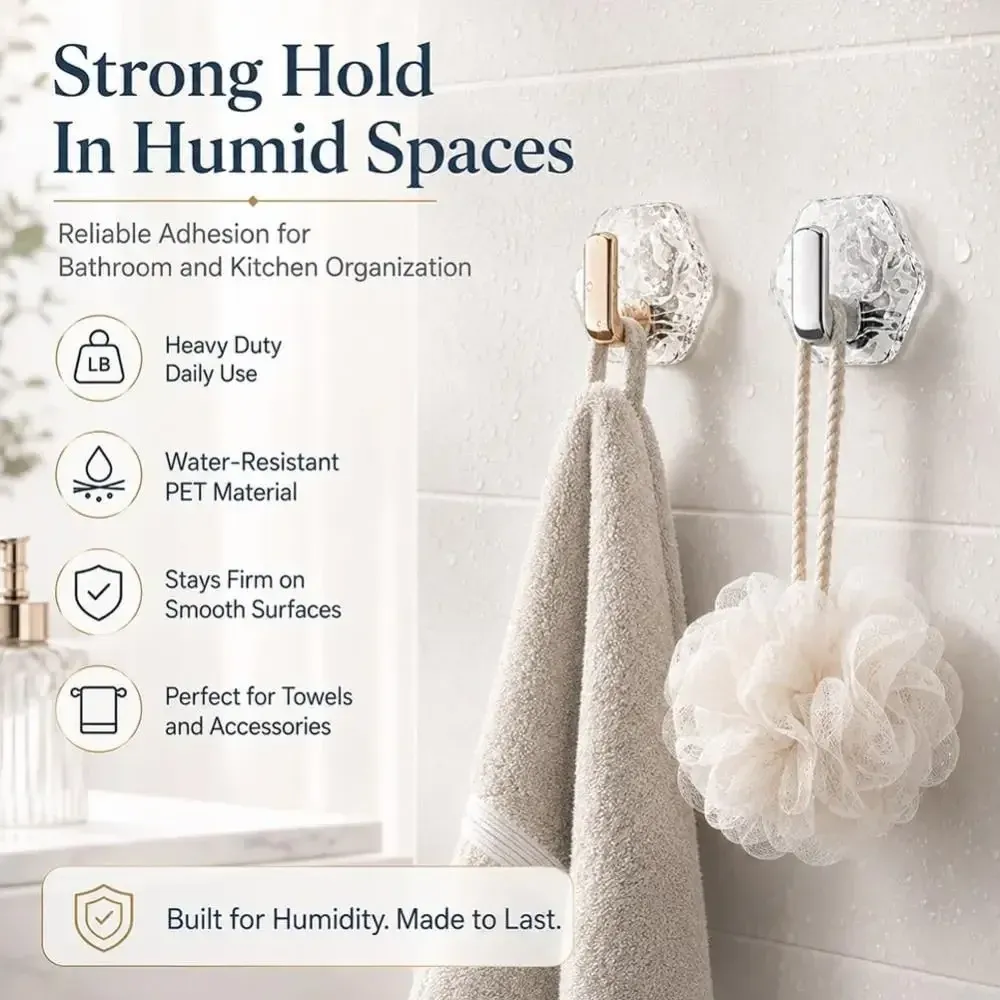 20Pcs Hexagonal Shape Self Adhesive Hooks Water Ripple Texture Waterproof Adhesive Hooks Heavy Duty Rustproof No Drill Hooks