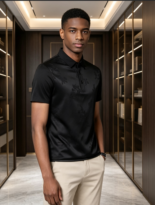 Sophisticated Black Subtle Floral Jacquard Polo Shirt