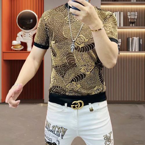 Ice Silk Hollow Mesh T-shirt for Men Luxury Printed Short Sleeved Casual T-shirt Social Streetwear Round Necked Tee Top
