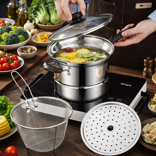 Connox 3in1 Multifunctional Stainless Steel Cooking Pot for Steaming and Frying with Filter and Non-stick Pan