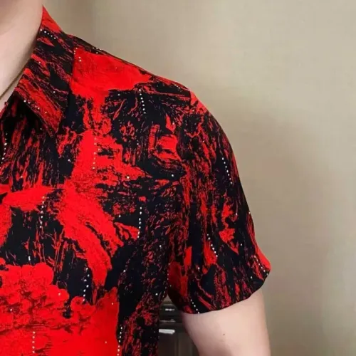 Trendy Summer Tie Dye Ice Silk Short Sleeved Shirt for Men Thin Breathable Casual Social Shirts Fashion Business Office Shirt