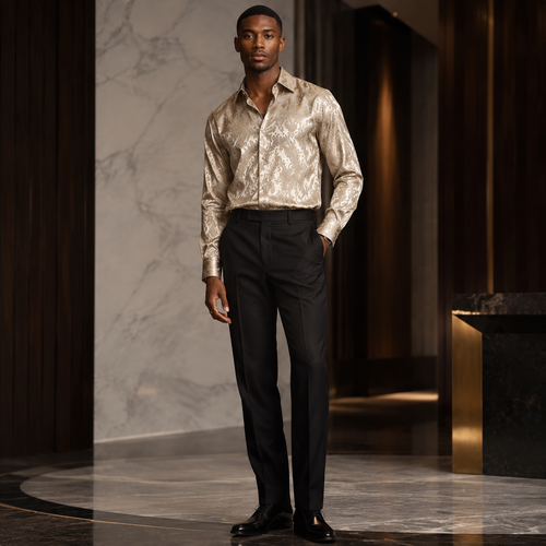 Champagne-colored long-sleeve shirt with a velvet paisley pattern
