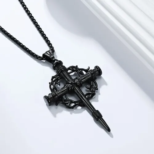 Thorn Wreath Cross Pendants Stainless Steel Artistic Retro Men Personality Fashion Necklaces Jewelry