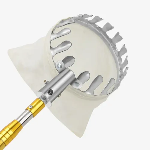 Fruit picker with telescopic pole for reaching high branches.