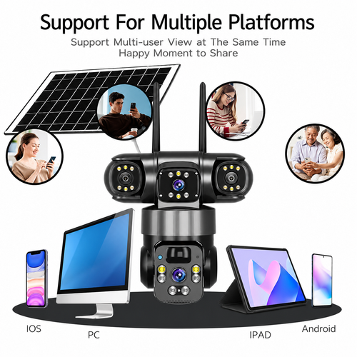🔥 Solar Powered 3-Lens Outdoor Security Camera – Triple Screen View, AI Human Detection, PTZ Control, Color Night Vision & Two-Way Audio