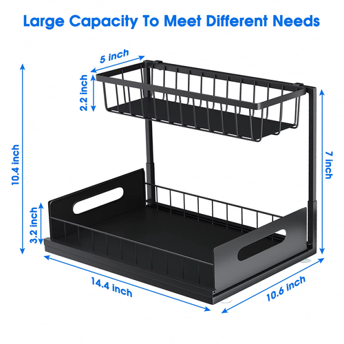 2-Tier Sliding Under Sink Organizer, Rustproof Metal Storage Rack for Kitchen & Bathroom Cabinet