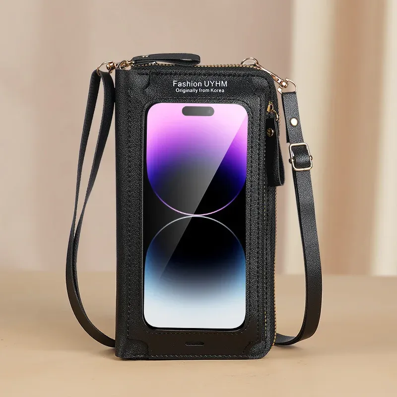 Anti Theft Multi Functional Transparent Touch Screen Crossbody Phone Bag Wallet Shoulder Cell Phone Pouch PU