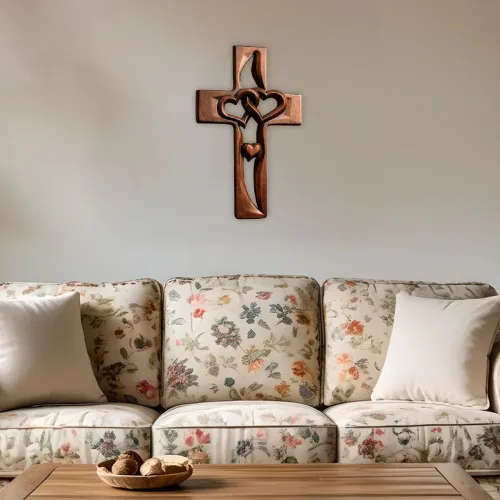Handcarved Wood Cross with Intertwined Hearts Handmade Wooden Wall Cross Hand Made Art Decor Grift for Wedding Valentine's Day