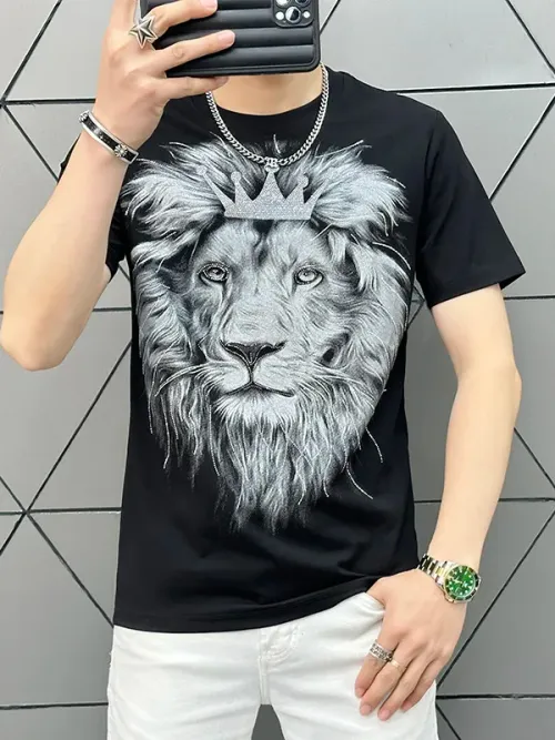 Summer Men Shiny Rhinestone Crown Lion Print Round Neck Black Breathable Slim Fit