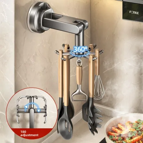 Kitchen suction cup spatula rack, no-drill required, rotatable hook, multifunctional storage rack, wall-mounted household