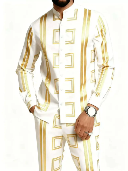 Men's Plus Size Shiny White Gold 3D Print  Business Casual Two Pieces Outfit, Long Sleeve Long Pants Fashion  Matching Set