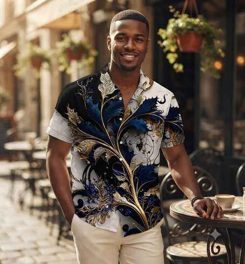 Plus Size Men's Hawaiian Tropical Print Short Sleeve Shirts, Casual Vacation Floral Button-Downs, Summer Atmosphere