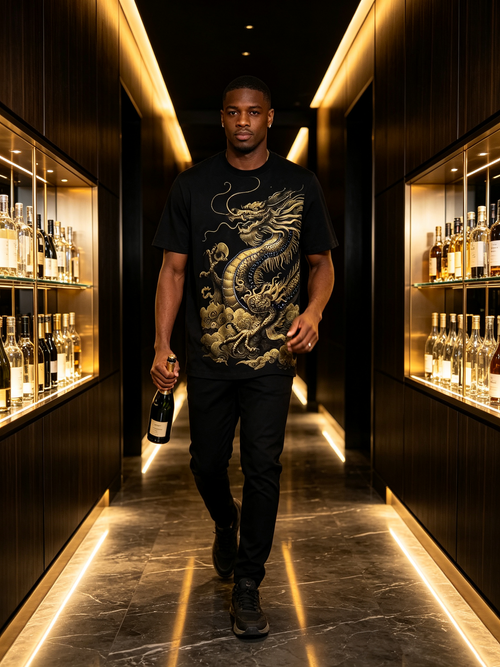 Black Gold Dragon Tengyun Pattern Oriental Luxury T-shirt