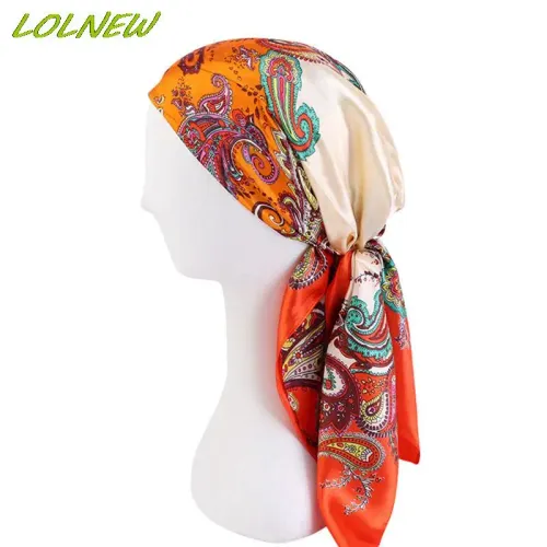 Satin Square Scarf Women Muslim Hijab Elegant 2025 Print Silk Neckerchief Shawl Wraps Headband Handle Hair Accessories Bandana