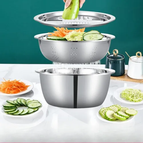 3PCS 1Set Vegetable Slicer, Stainless Steel Slicer, Potato Slicer, Vegetable Washing Basin, Drain Basket, Multifunctional